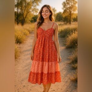 Land of the Free Red and Pink Floral Strappy Dress.  Midi Length.  Bohemian